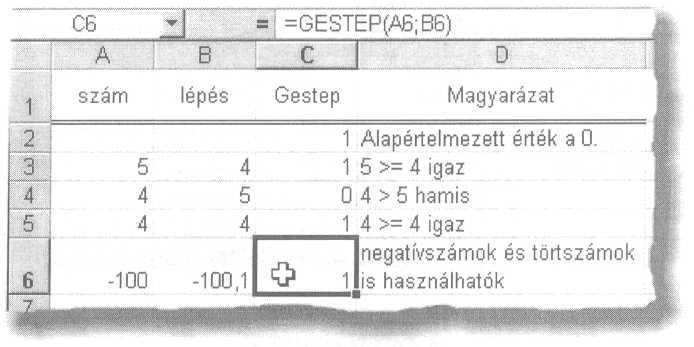 ábra: Gestep függvény Hex2Bin(szám ;helyek) A tizenhatos számrendszerben megadott számot kettes számrendszerbeli számmá alakítja át.
