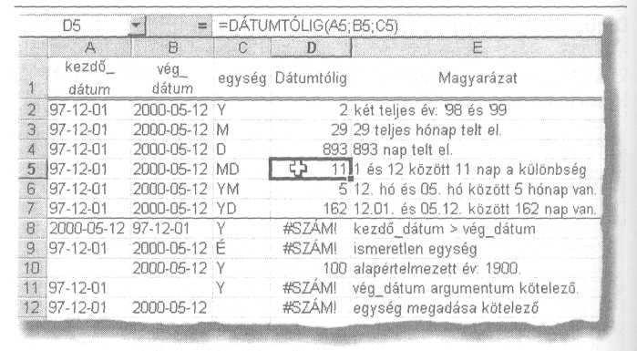 napokat és az éveket figyelmen kívül hagyja, O YD: A két dátum napjai közötti különbséget számolja ki, de úgy, hogy az éveket figyelmen kívül hagyja. 80. ábra: Dátumtóiig függvény 79.