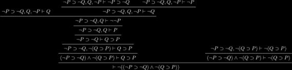 Gentzen kalkulusai A negáció bevezete a matematikai gyakorlatban az indirekt bizonyítás, azaz az ellentmondáshoz való visszavezet módszere Hogy bebizonyítsuk -t, elegendő feltéve, hogy teljesül