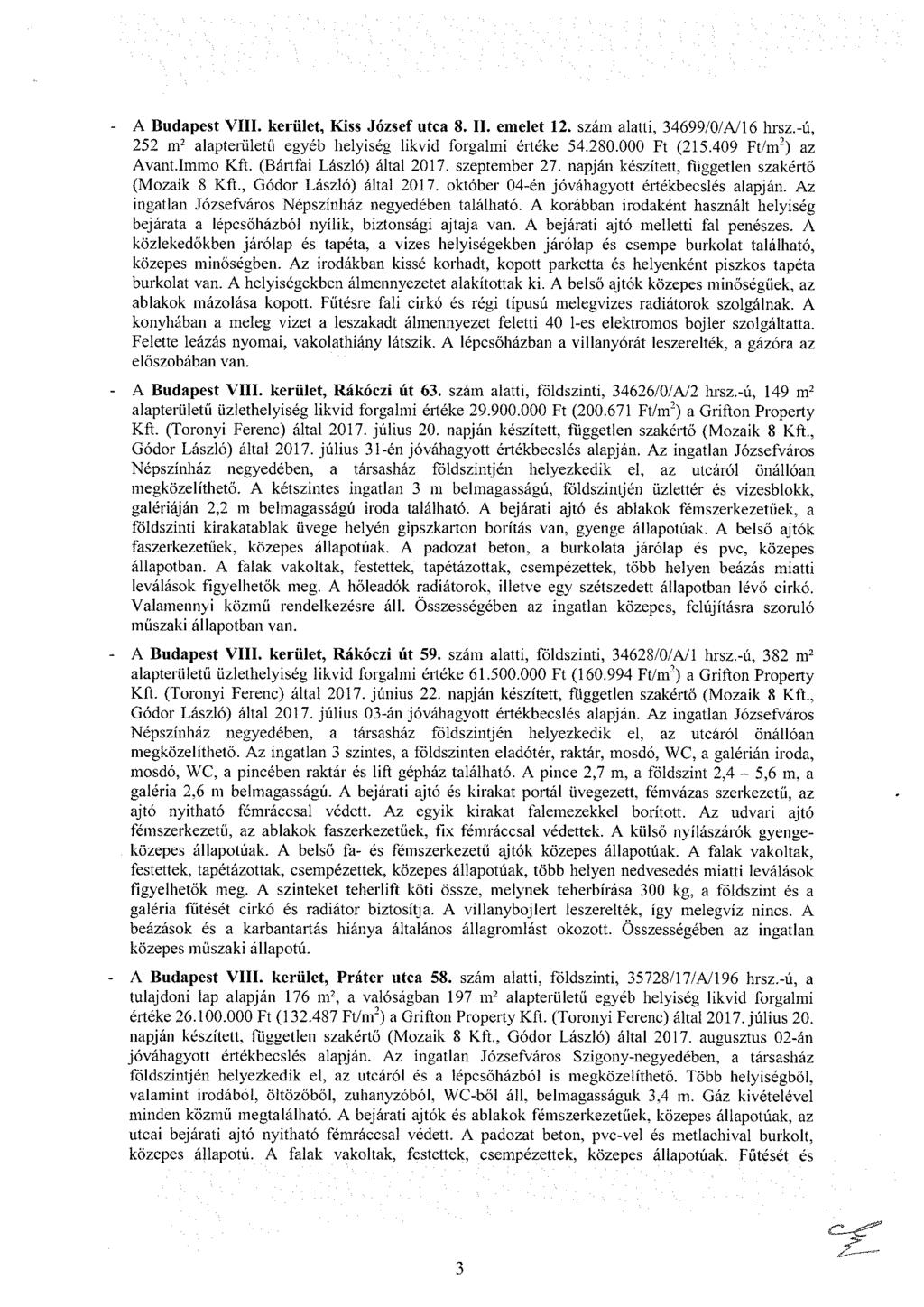 A Budapest VIII. kerület, Kiss József utca 8. II. emelet 12. szám alatti, 34699/0/A/l 6 hrsz.-ú, 252 m 2 alapterületű egyéb helyiség likvid forgalmi értéke 54.280.000 Ft (215.409 Ft/m 2 ) az Avant.
