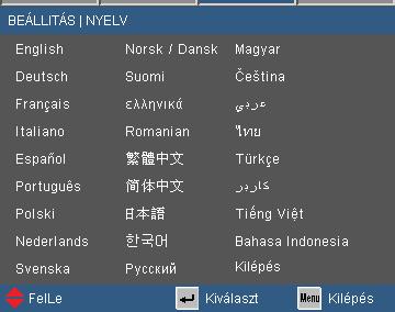 Felhasználói kezelőszervek BEÁLLITÁS (*) modelltől függ. Nyelv (*) A tobbnyelvű OSD menu kivalasztasa.