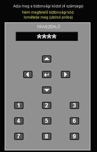 Felhasználói kezelőszervek BEÁLLITÁS Biztonság Biztonság Be: A Be lehetőséggel kapcsolhatja be a kivetítő bekapcsolásakor történő biztonsági ellenőrzést.