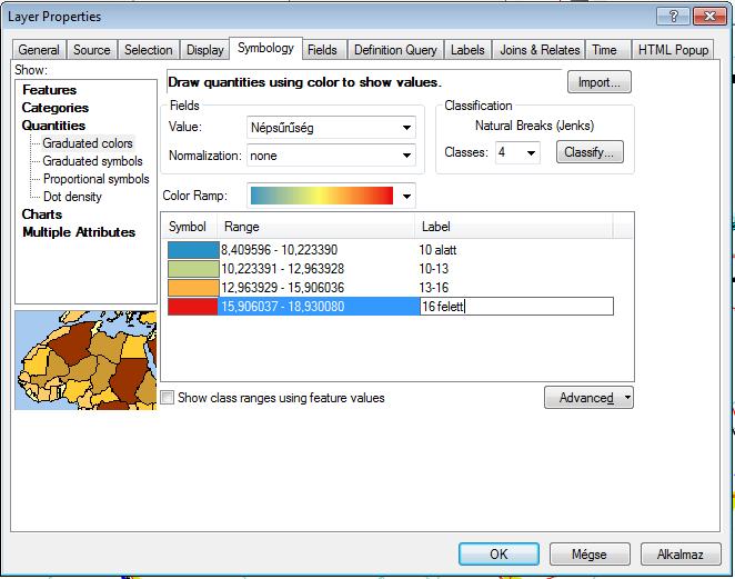 20 6.4. TEMATIKUS TÉRKÉP NÉPSŰRŰSÉGRE 1. TOC-ban jobb klikk a település layer nevére felugró ablakban Properties felugró ablakban válasszuk a Symbology fület 2.