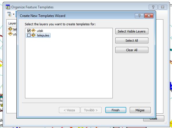 ) Layer hozzáadása a Create Features-be Create Features jobb klikk a második ikonra feljön egy Organize Feature Templates panel amelyben kattintsunk a New Template feliratra feljön a Create New