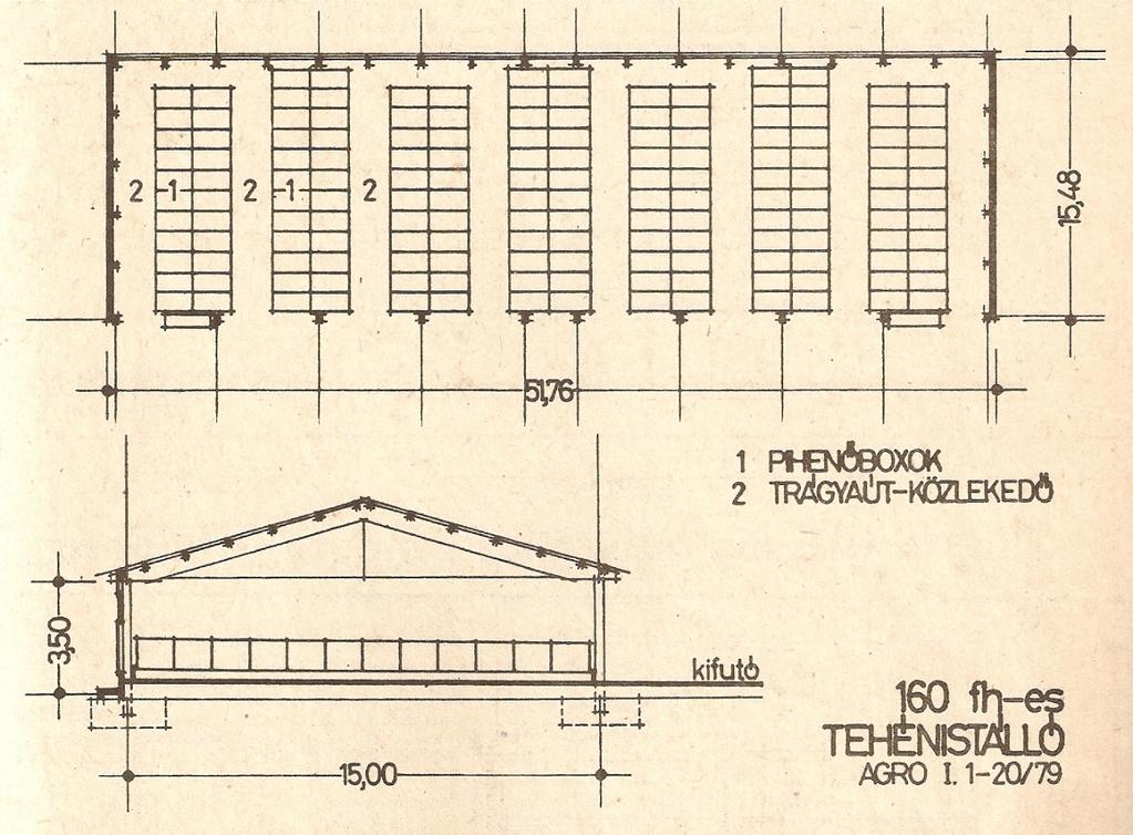 160 férőhelyes tehénistálló épületrajza Az ábra az előző dián bemutatott telep 160 fh-es tehénistállójának alaprajzát és metszetét szemlélteti.