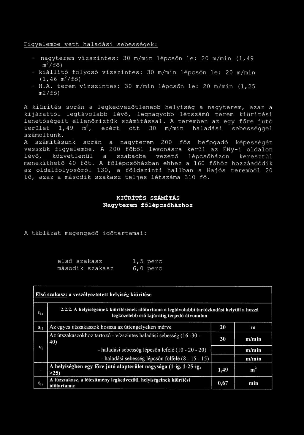 Figyelembe vett haladási sebességek: - nagyterem vízszintes: 30 m/min lépcsőn le: 20 m/min (1,49 m 2 / f ő) - kiállító folyosó vízszintes: 30 m/min lépcsőn le: 20 m/min (1,46 m 2 /fő) ' - H.A.