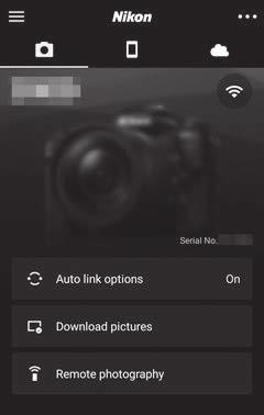 Távoli fényképezés A SnapBridge alkalmazás fülén található Remote photography (Távoli fényképezés) vezérlőgombokkal távolról kioldhatja a fényképezőgép zárját, és az így készített képeket letöltheti