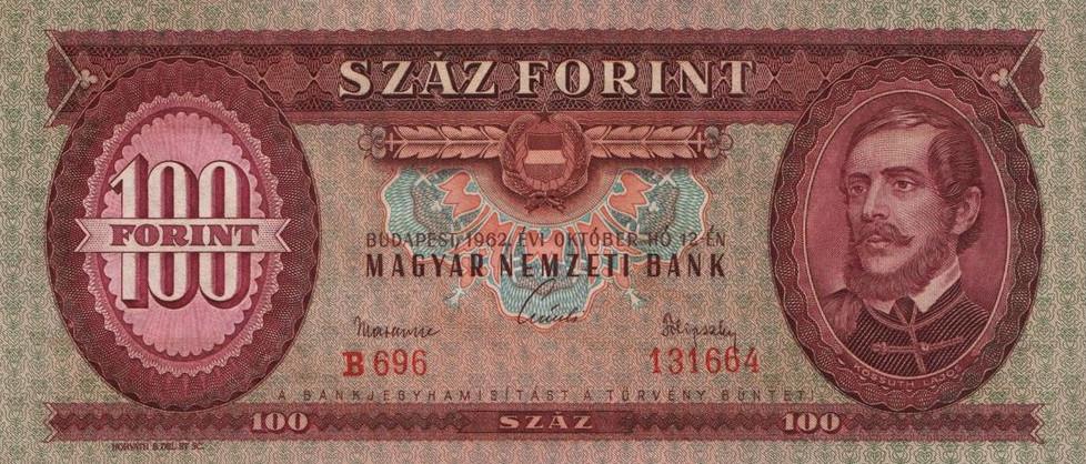 F.18 100 forint, 1962.10.12. B sorozat, számjegyű sorozat és 6 számjegyű sorszám F.18a, sorozatszám és a sorszám formailag eltérő (sorozatban lapos tetejű ) 0.5, 1,, 8, F.