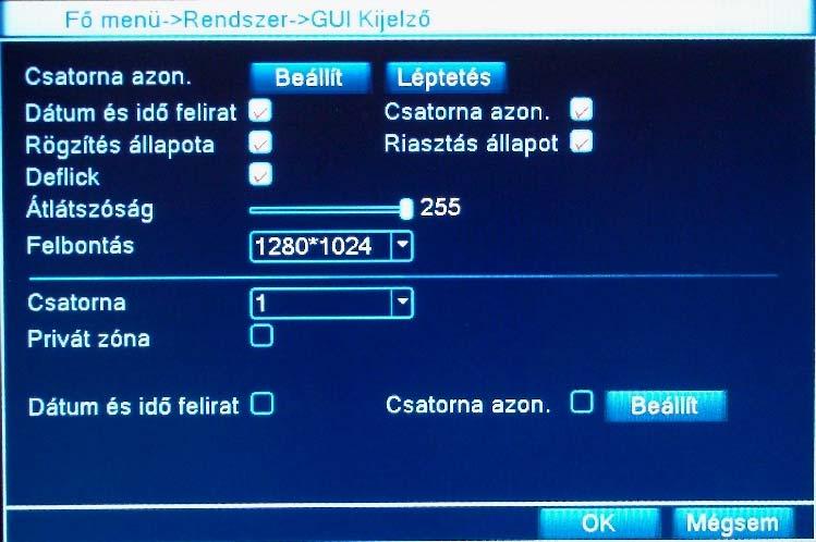 4.9.2 GUI Kijelző A kijelző tulajdonságainak és a privát zónák beállítása. Csatorna azon.: Az egyes kamerák képernyőn megjelenő nevének beállítása.