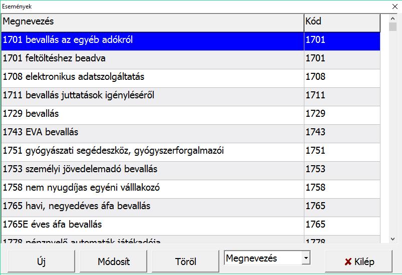 program használója szabadon rögzítheti. Bármely eseményhez a következő adatokat kell megadni: A bevallás (esemény) neve, emlékeztető kódja (Pl.