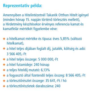 Reprezentatív példa A következő adatokat tartalmazza: Takarék Otthon Hitel szórólap: a) a hitelkamat mértéke és típusa (rögzített hitelkamat, változó hitelkamat vagy mindkettő), b) a hitel teljes