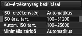 i: Az ISO-érzékenység beállítása 3 Az ISO-érzékenységtartomány beállítása Megadhatja az ISO-érzékenységtartomány manuálisan állítható tartományát (alsó és felső határértékét).