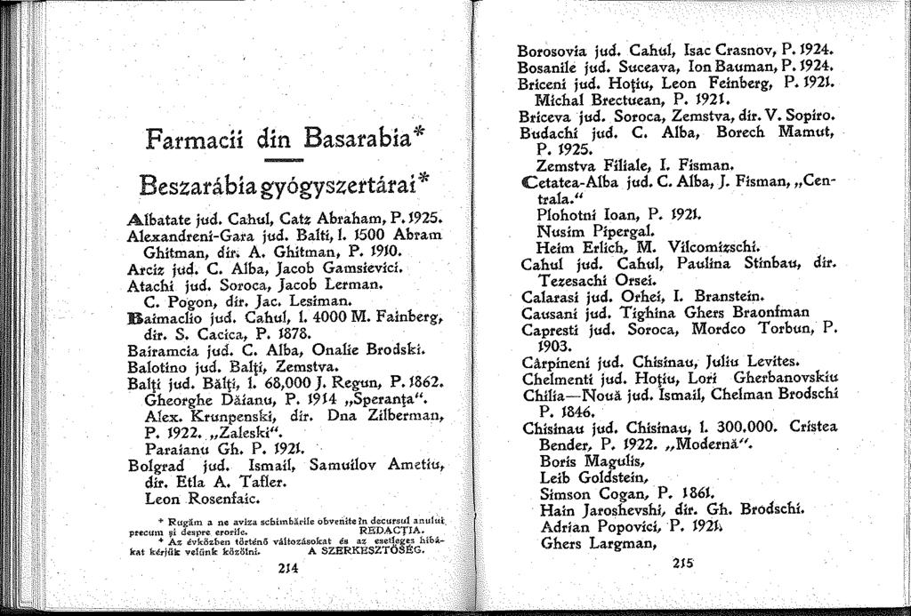 ---- --- ---~----. Farmacíi din Basarabia* Beszarábia gyógyszertárai* Albatate jud. Cahul, Catz Abraham, P. J925. Ale.x:andreni-Gara jud. Balti, l. 500 Abram Ghitman, dir> A. Ghitman, P. 9JO.