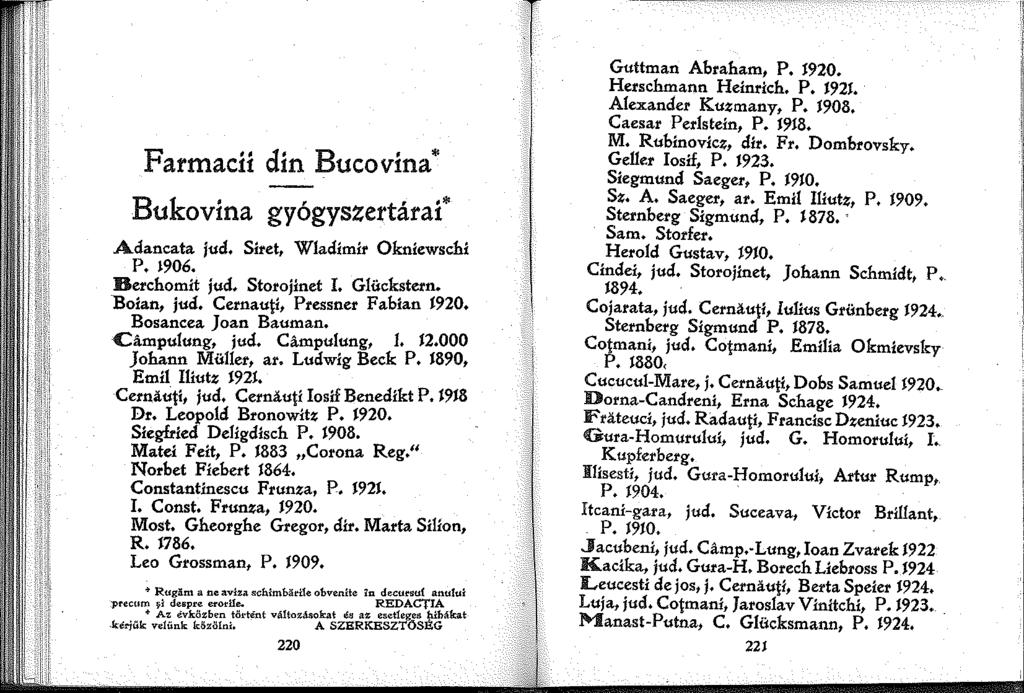 Farmacíí din Bucovina* Bukovina gyógyszertárai* Adancata jud, Siret, Wladimít Okniewschí P. 906. Berchomit Jud. StoroJinet I. Glückstern. Boian, Jud.