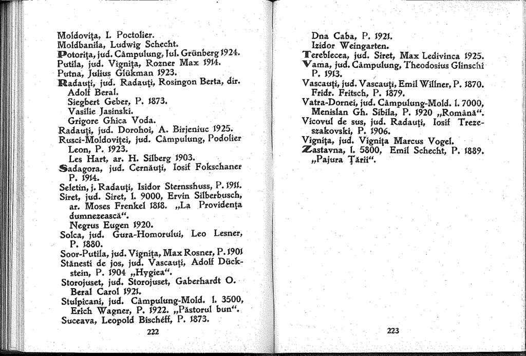 Moldovita, L Poctoller. Moldbanila, Ludwlg Schecht. Potorita, jud. Campulung, Tul. Grünberg 924. Putlla, jud. Vignita, Rozner Max 94. Putna, Juliu~ Glükman 923.. Radautl, jud.