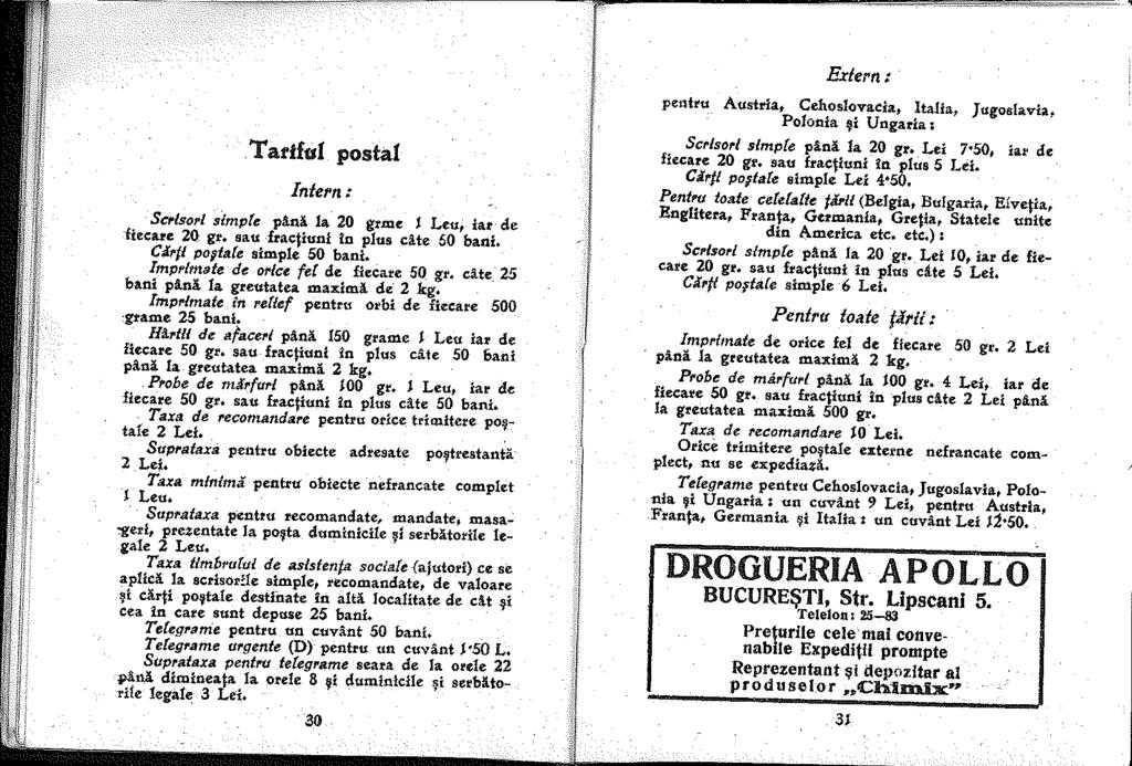 Tadfol posta lntern: Salsorl slmple plnl la 20 grme Leu; iar- de fi:ec:are 20. gr. sau -fracjiuni in pus cl.te 50 bani. Clr/l PO fa{e simple 50 bani. lmpl'ltttate. de or{ce fe( de fiecare 50_ gr.