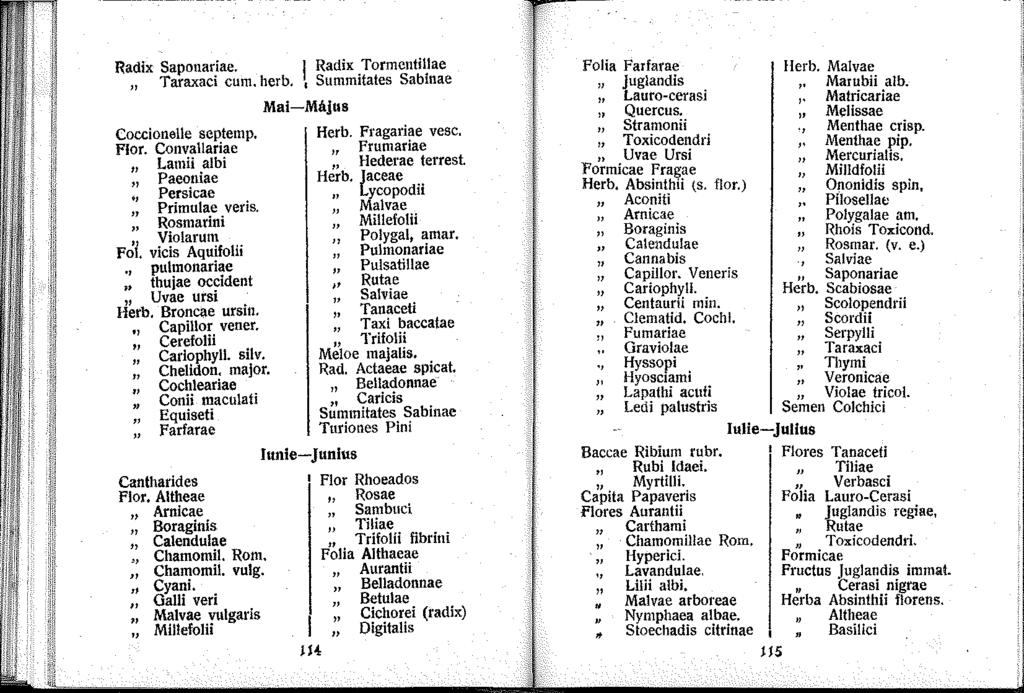 Radix Saponariae. Radix Tormcntillae " Taraxaci cum. herb. Summitates Sabinae Mai-Május Coccionelle scptemp. Herb. Fragariae vese. Flor. Convallariae Frurnariae Latnii albi Hederae terrest.