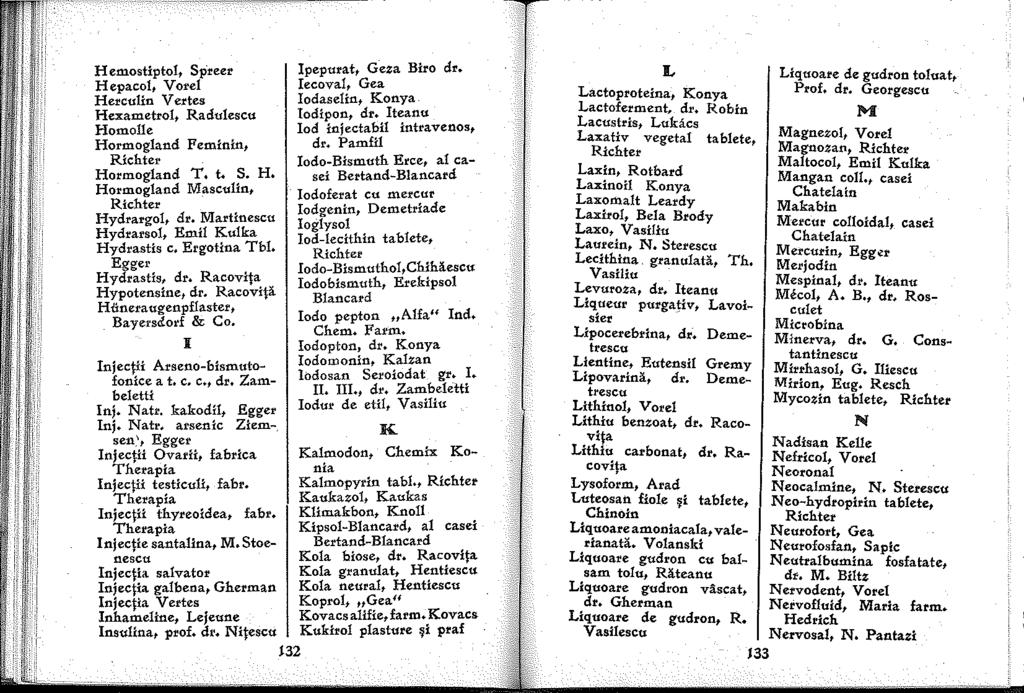 H emostiptol, Spreer H epacol, Vo'e Herculin V ertes Hexametiol, Radulescu Homolle Hormogland Feminin, Richter Hormogland T. t. S. H. Hormogland Masculin, Richter Hydrargo, dt'.