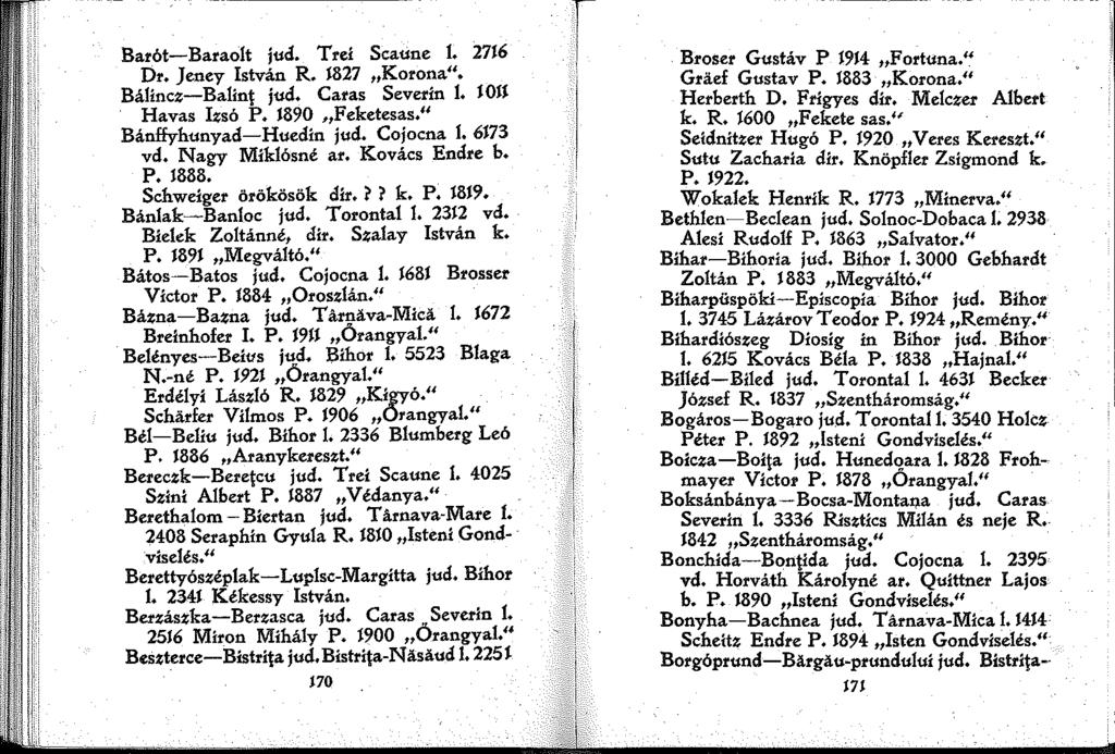 Barót-Baraolt jud. T rei Scaune. 276 I>r. Jeney István R. 827 Korona". Bállncz-Balint jud. Caras Severin. 0 Havas Izsó P. 890 Feketesas." Bánffyhunyad-Huedin jud. Cojocna. 673 vd. Nagy Miklósné ar.