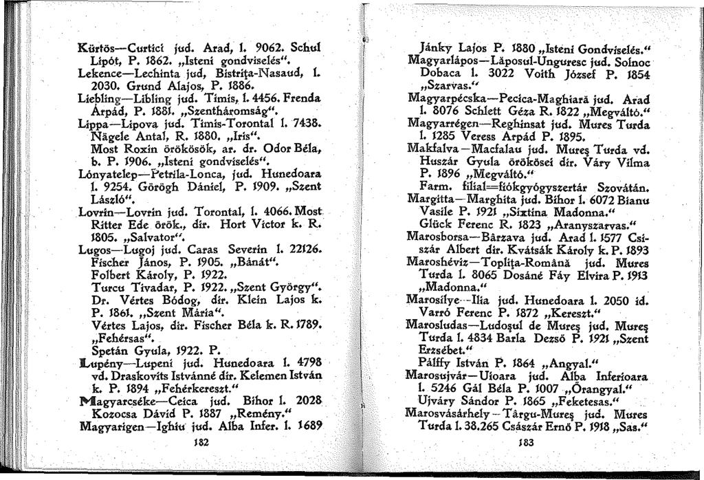 Kürtös-Curtici jud. Arad,. 9062. Schul Lipót, P. 862. Isteni gondviselés". Lekence-Lechinta jud, Bistrita-Nasaud,. 2030. Grund Alajos, P. 886. Llebling-Llbling jud. Timis,. 4456. Frenda Árpád, P. 88. Szentháromság".