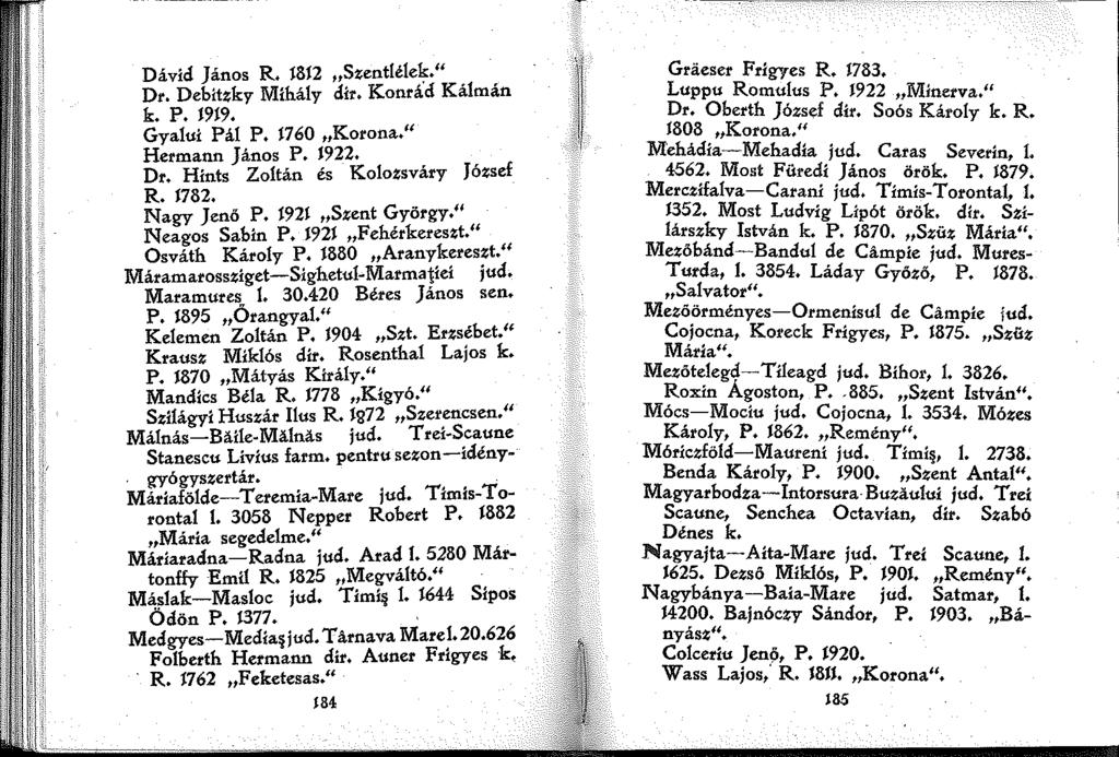 Dávid János R. 82 Szentlélek." Dr. Debitzky Mihály dir. Konrád Kálmán k. P. 99. Gyalui Pál P. 760 Korona." Hermann János P. 922. Dr. Hints Zoltán és Kolozsváry József R. 782. Nagy Jenő P.