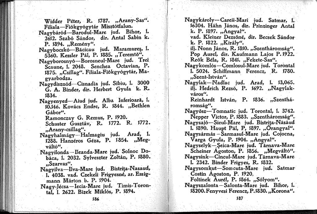 Widder Péter, R. 787. Arany-Sas". Fiiala-Fiókgyógytár Misztótfalun. Nagybáród-Bar 0 dul-mare jud. Bihor, l. 262. Szabó Sándor, dir. Antal Sabin k. P. 894. Remény". Nagybocskó-Bacicau jud. Maramure~,.