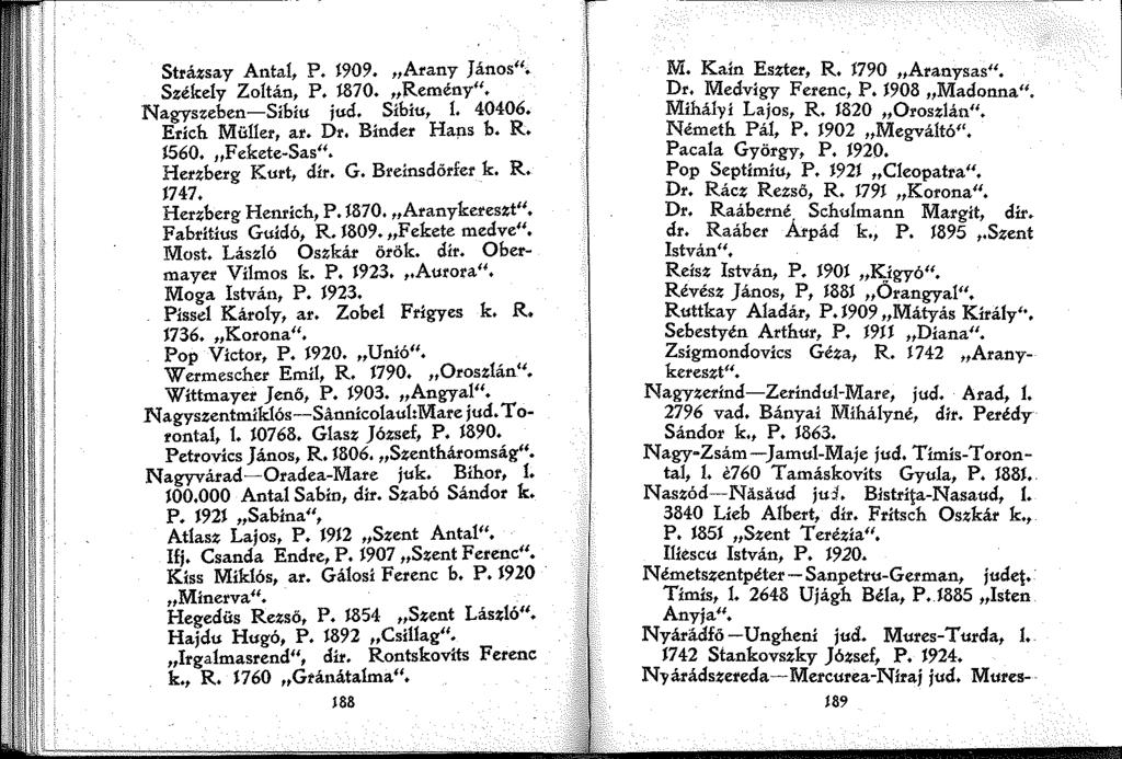 Strázsay Antal, P. 909. Arany János" Székely Zoltán, P. r870. Remény". Nagyszeben-Sibiu jud. Sibiu,. 40406. Erich Müer, ar. Dr. Binder Hans b. R. i560. F ekete-sas". Herzberg Kurt, dir. G.