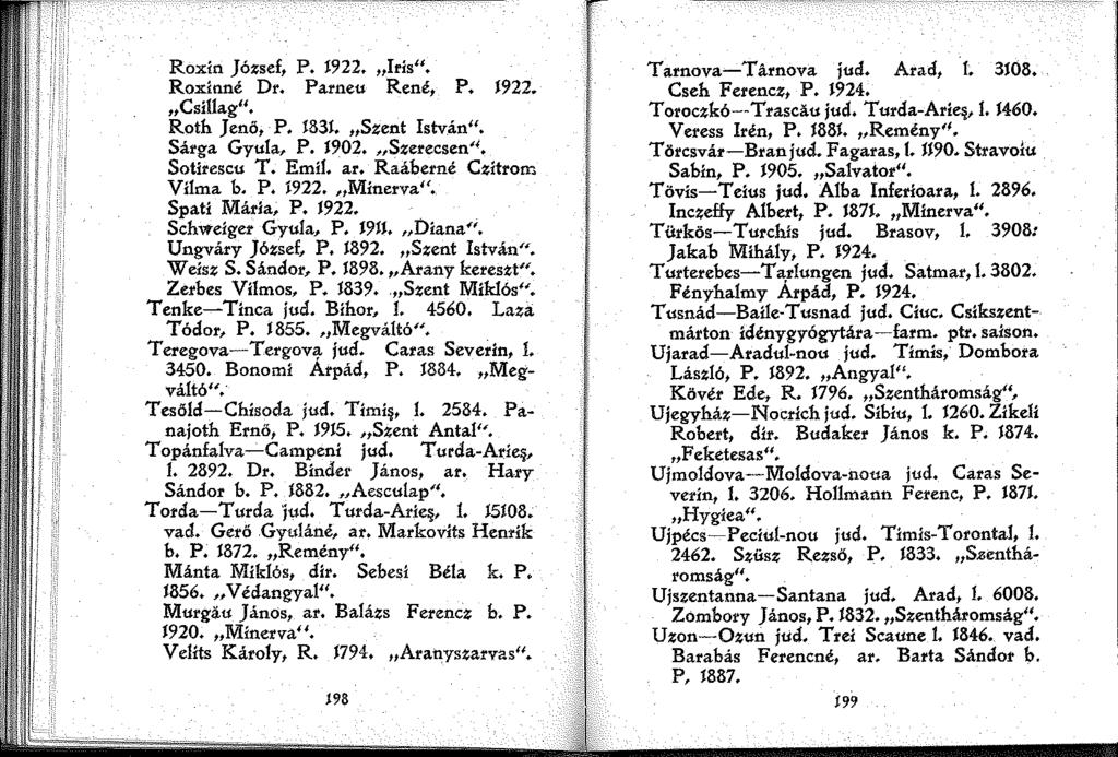 Roxln József, P. 922. Iris". Roxinné Dr. Parneu René, P. 922. Csillag". Roth Jenő, P.!33. Szent Istv.án". Sárga Gyula, P. 902. Szerecsen". Sotirescu T. Emil. ar. Raáberné Czltrom Vilma b. P. 922. Minerva".