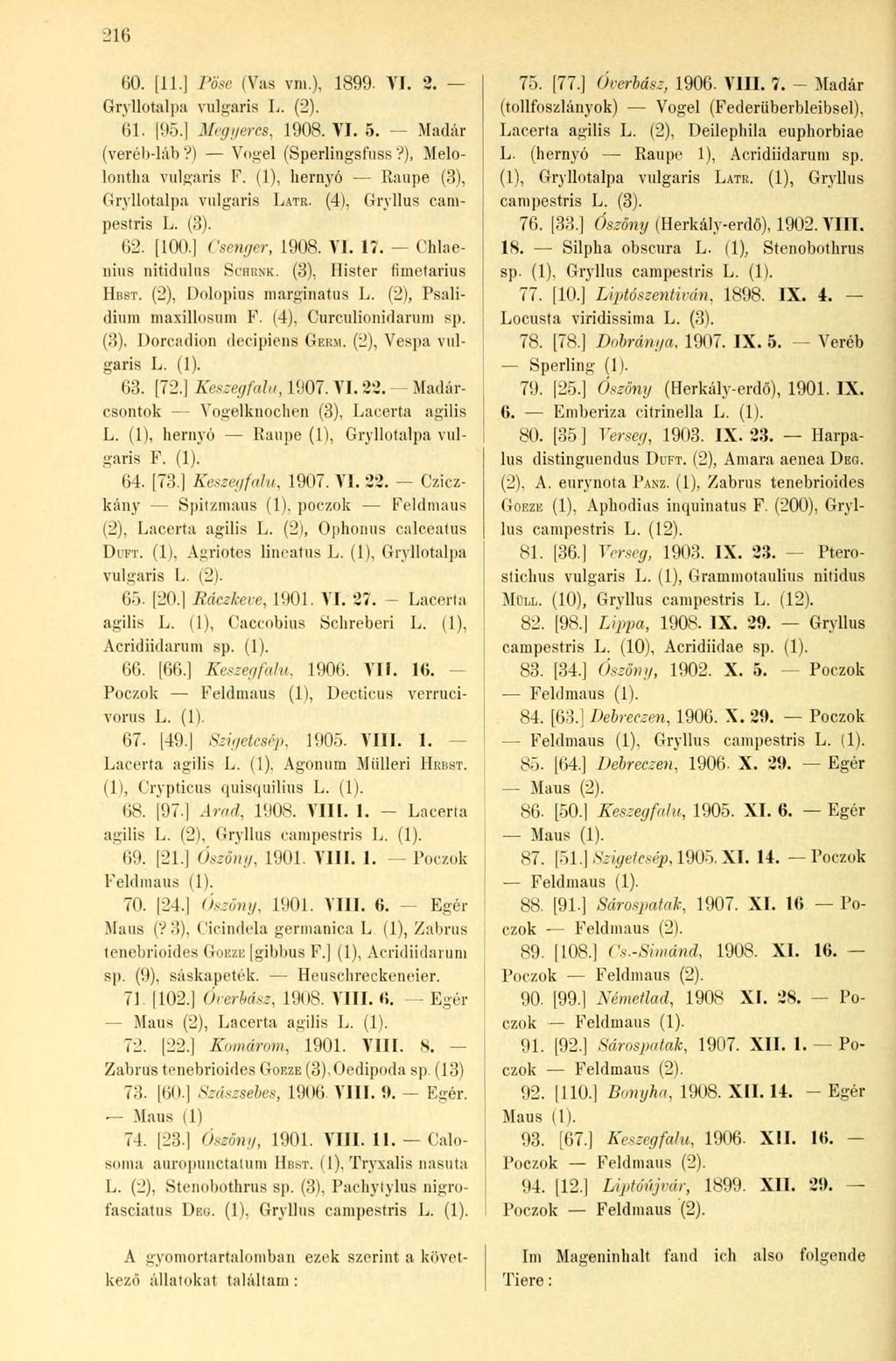 216 60. [11.] Päse (Vas vni.), 1899- VI. S. - Gryllotalpa vulgaris L. (2). 61. [95.] Megyercs, 1908. VI. 5. Madár (veréb-láb?) Vogel (Sperlingsfuss?), Melolontha vulgaris F.