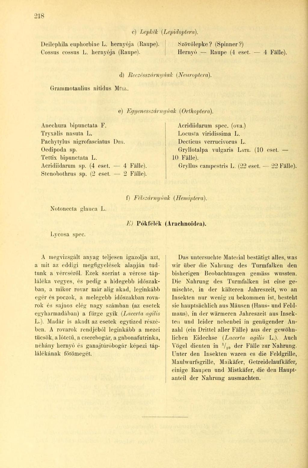 218 e) Leplek (Lepidoptera). Deilepliila euphorbiae L. hernyója (Raupe). Cossus eossus L. hernyója (Raupe). Szövőlepke? (Spinner?) Hernyó Raupe (4 eset. 4 Fälle). d) Reczésszárnyi'tak (Neuroptera).