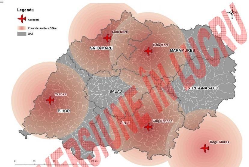 Infrastructura aeriană Accesibilitatea aeriană este asigurată printr-o infrastructură relativ bună, în regiune existând un număr de 4 aeroporturi: Cluj-Napoca, Oradea, Baia-Mare şi Satu- Mare, dintre