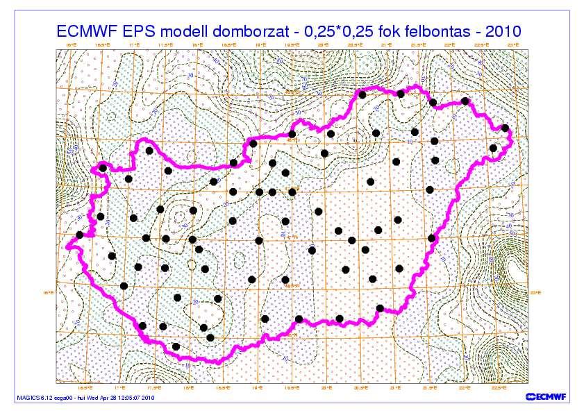 A modell domborzati térképek alapján jól látszik, hogy a reforecast előrejelzéseken alapuló ensemble kalibrációs technika alkalmas a megváltozott modell felbontás és domborzat megfelelő kezelésére,