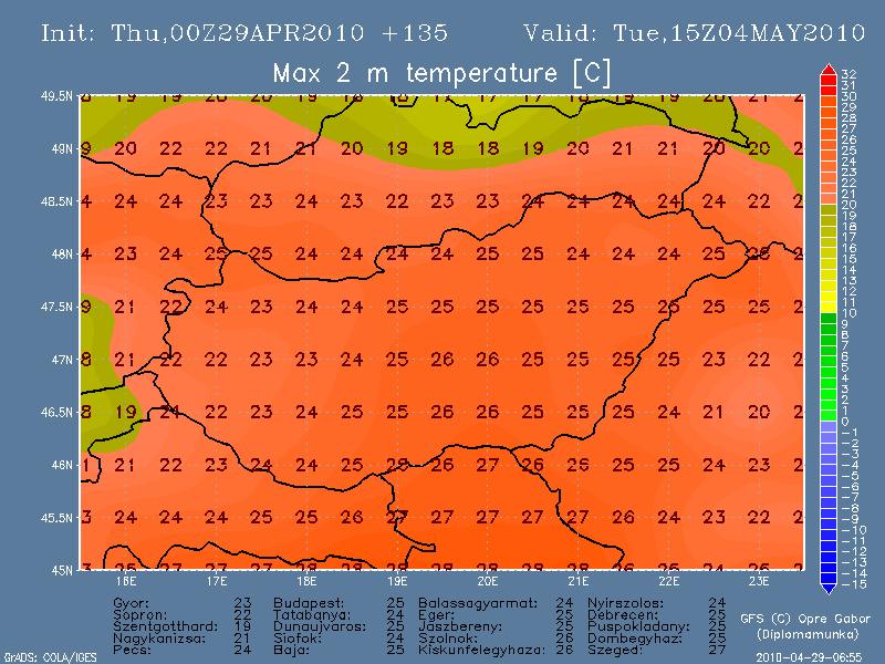 10. ábra. Maximum hőmérséklet térkép, 2010. május 4. 12 15 UTC között. A 11. ábrán egy közép-európai kivágatra mutatok be kompozit térképet, együtt ábrázolva a szelet, a felhőzetet és a csapadékot.