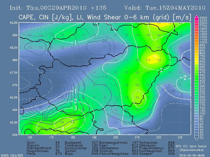 13. ábra. CAPE, CIN, szélnyírás térkép, 2010. május 4. 15 UTC. A 13. ábrán a zivatarok kialakulásának valószínűségére utaló mérőszámok jelennek meg.