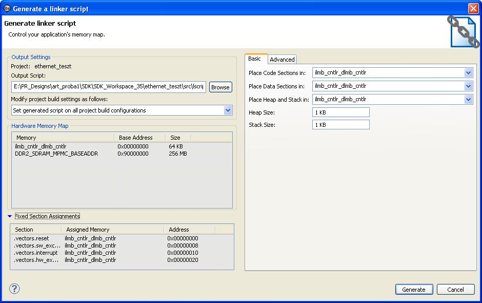 SDK projekt beállítások Linker script létrehozása: Projekt tulajdonságai Generate Linker Script (Basic)