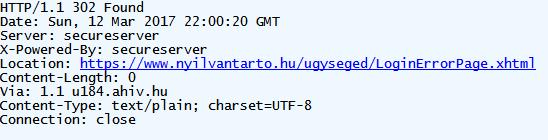 Ha mind az öt próbálkozást elhibáztuk akkor egy HTTP/1.1 302 Found üzenettel továbbküld a https://www.nyilvantarto.hu/ugyseged/loginerrorpage.xhtml oldalra. 10. ábra.