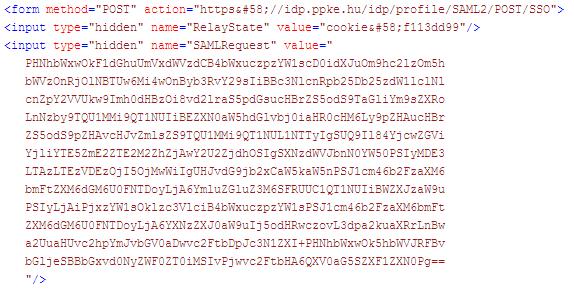 17. ábra. Az űrlap tartalma Itt megjelenik a RelayState paraméter, méghozzá a fentebb említett, új Cookie-val (f113dd99), valamint egy SAMLRequest mező, mely egy BASE64 kódolású üzenetet tartalmaz.