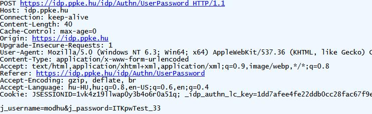 21. ábra. Az elküldött felhasználói adatok Látszik, hogy a felhasználónév, és jelszó a POST metódus csomagtörzsében utazik: j_username=modhu&j_password=itkpwtest_33 Válaszként a szervertől egy HTTP/1.
