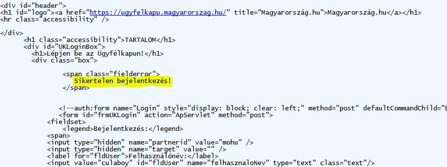 Bejelentkezés hibás adatokkal Hibás adatok megadásánál a HTTP POST metódus után nem irányítódunk át, hanem újraküldi a bejelentkezési űrlapot, kiegészítve információval, hogy sikertelen volt a