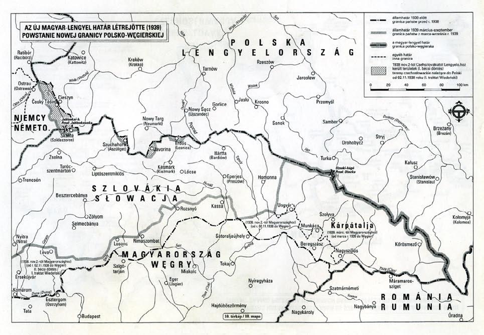 Magyar-lengyel közös határ térképe 1939. márciusa után Mapa wspólnej granicy węgiersko-polskiej z 1939 r. Kézfogás a közös határon Uzsoki hágó 1939. március Marzec 1939 r.