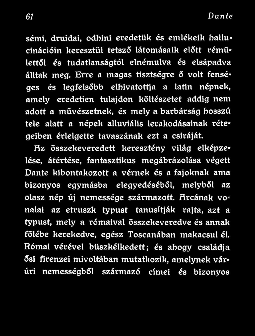 H z összekeveredett keresztény világ elképzelése, átértése, fantasztikus megábrázolása végett Dante kibontakozott a vérnek és a fajoknak ama bizonyos