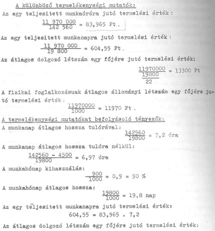 13 300 = 604,55 * 22 13 300 = 83,965 * 7,2 * 22 Az átlagos állományi létszám egy főjére jutó termelési érték: 11 970 = 13 300 * 0,9 11 970 =