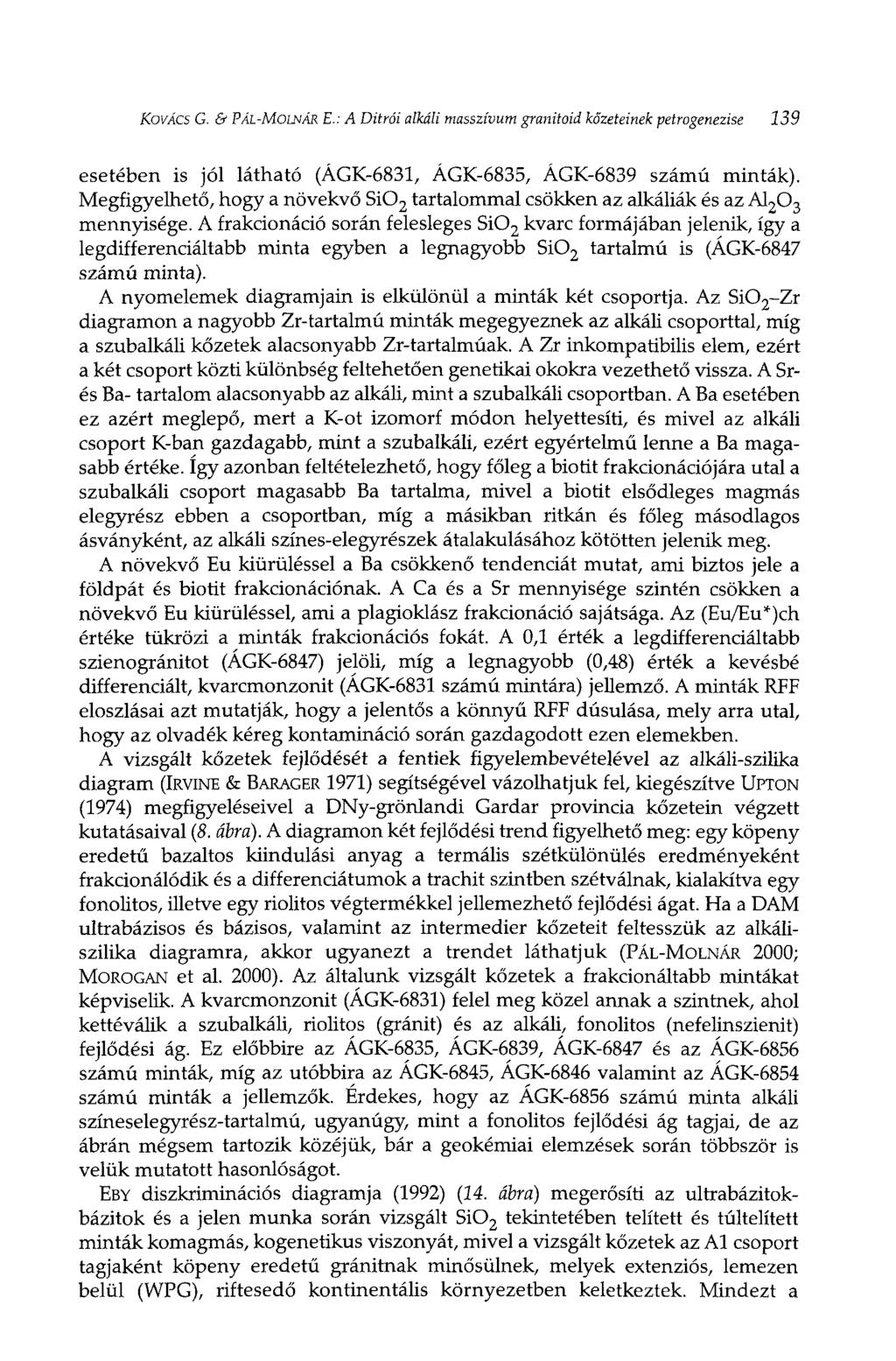 KOVÁCS G. & PÁL-MOLNÁR E.: A Ditrói alkáli masszívum granitoid kőzeteinek petrogenezise 139 esetében is jól látható (ÁGK-6831, ÁGK-6835, ÁGK-6839 számú minták).