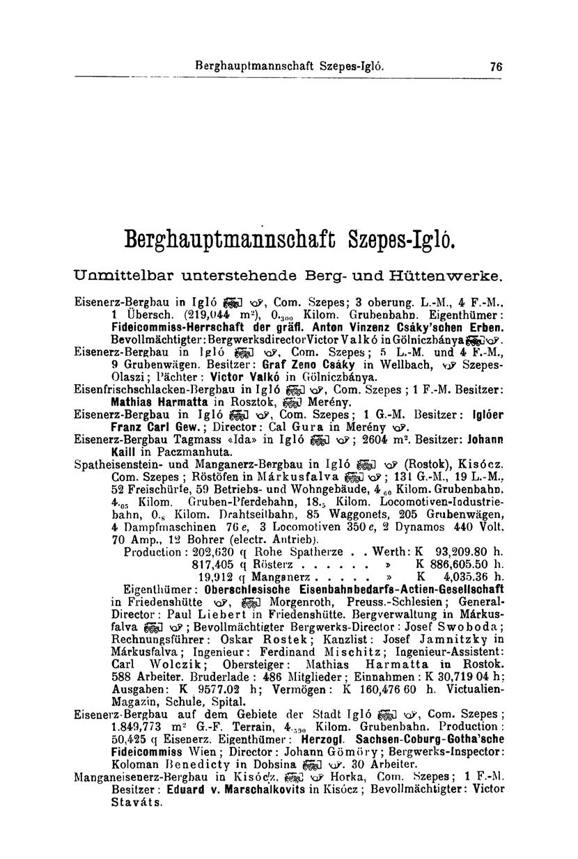 Berghauptmannschaft Szepes-Igló. 76 Berghauptmaniischaft Szepes-Igló. Unmittelbar unterstehende Berg- und Hüttenwerke. Eisenerz-Bergbau in Igló güd KP, Com. Szepes; 3 oberung. L.-M., 4 F.-M., 1 Übersch.