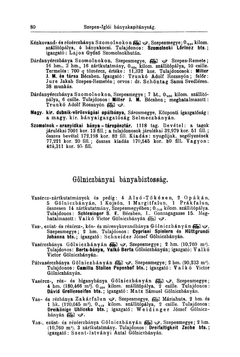 80 Szepes-Iglói bányakapitányság. Kénkovand- és rézérczbánya Szomolnokon ügü Szepesmegye; O. 200 kilom. szállitópálya, 4 bányakocsi. Tulajdonos: Szomolnoki Lőrincz bts.