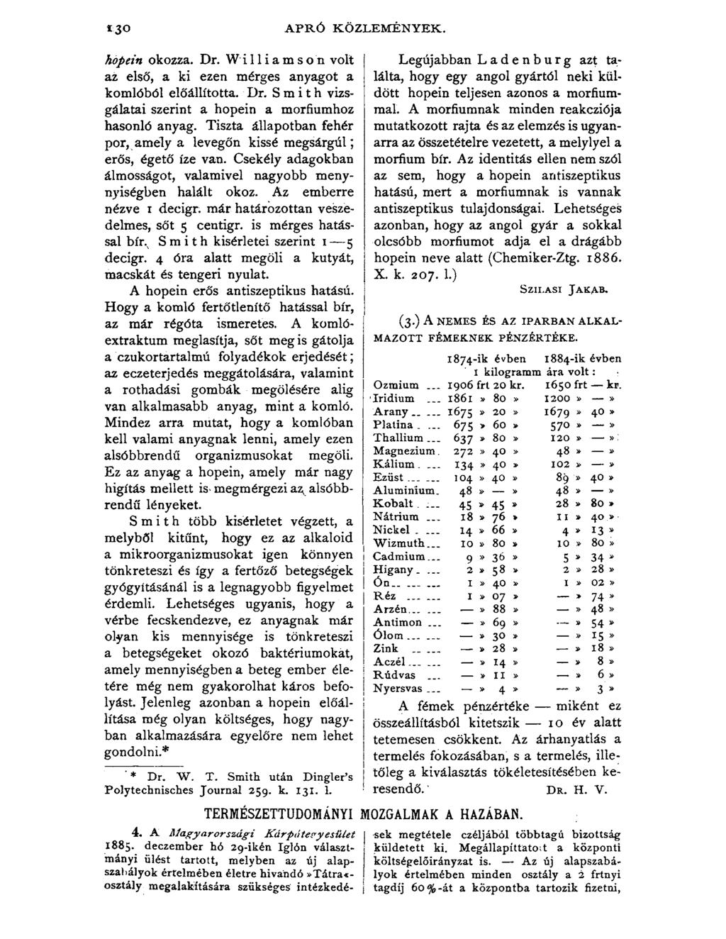 hopein okozza. Dr. W illia m so n volt az első, a ki ezen mérges anyagot a komlóból előállította. Dr. Sm ith vizsgálatai szerint a hopein a morfiumhoz hasonló anyag.