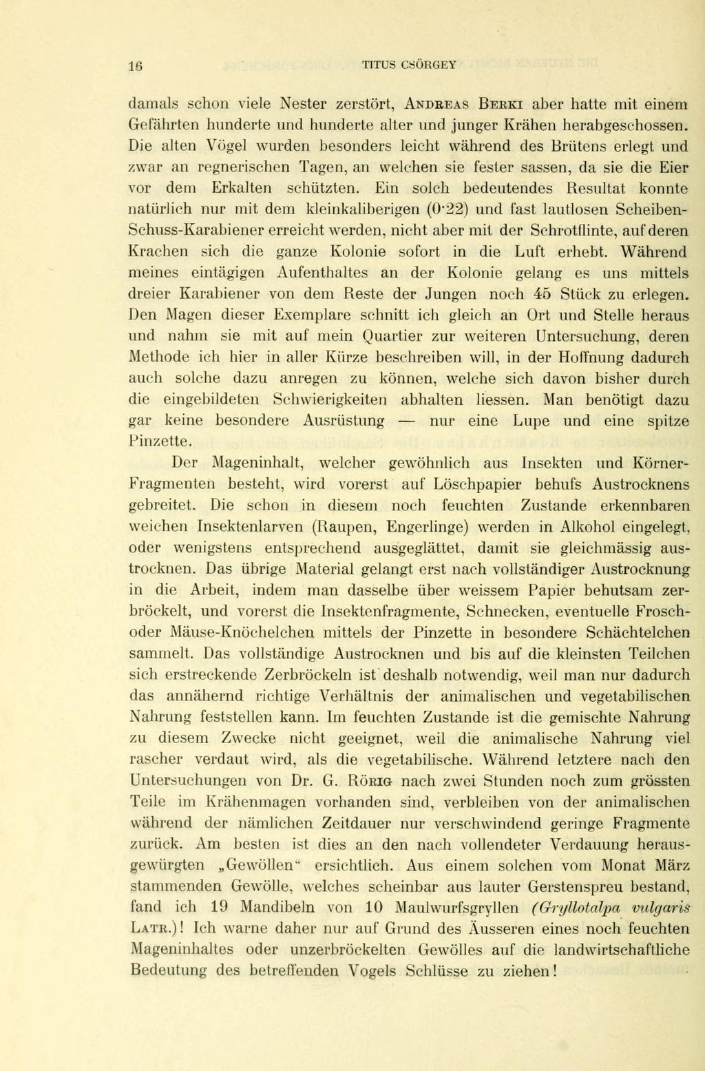 Iß TITUS CSÖRGEY damals schon viele Nester zerstört, ANDREAS BERKI aber hatte mit einem Gefährten hunderte und hunderte alter und junger Krähen herabgeschossen.