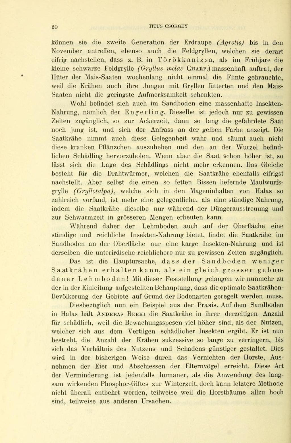 20 TITUS CSÖRGEY können sie die zweite Generation der Erdraupe (Agrotis) bis in den November antreffen, ebenso auch die Feldgryllen, welchen sie derart eifrig nachstellen, dass z. B.