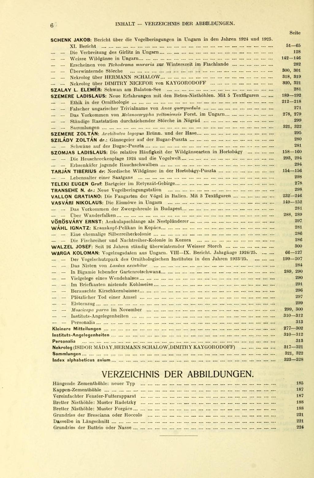 6 INHALT VERZEICHNIS DER ABBILDUNGEN. Seite SCHENK JAKOB: Bericht über die Vogelberingungen in Ungarn in den Jahren 1924 und 1925. XI.