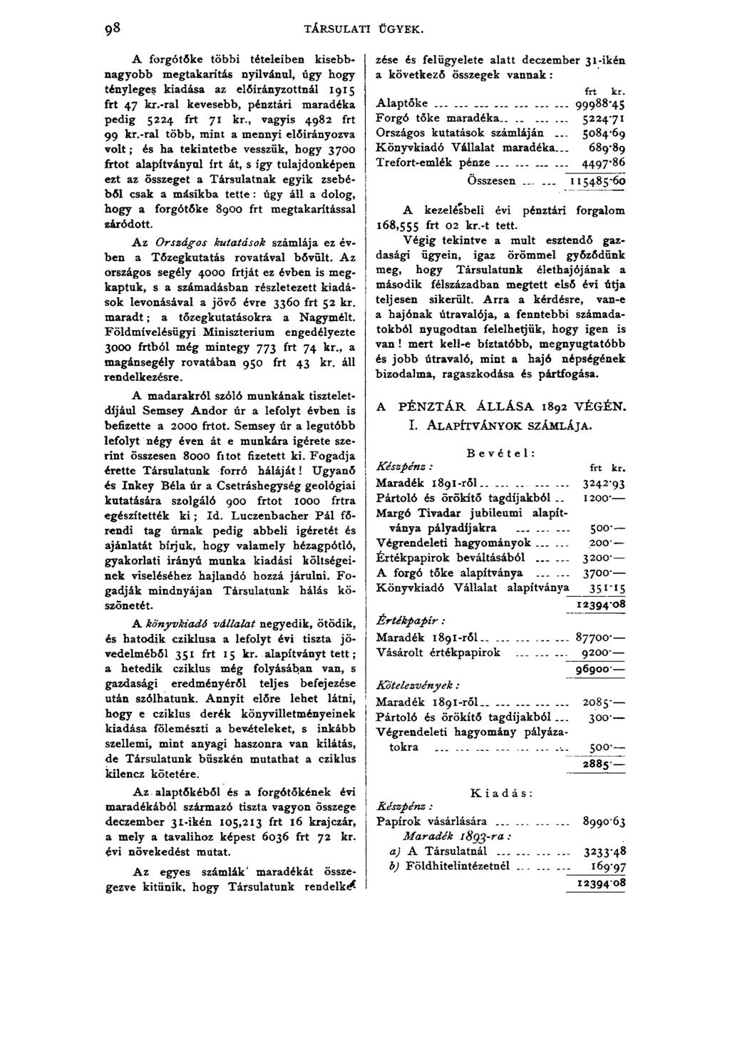 9» TÁRSULATI ÜGYEK. A forgótőke többi tételeiben kisebbnagyobb megtakarítás nyilvánul, úgy hogy tényleges kiadása az előirányzottnál 1915 frt 47 kr.